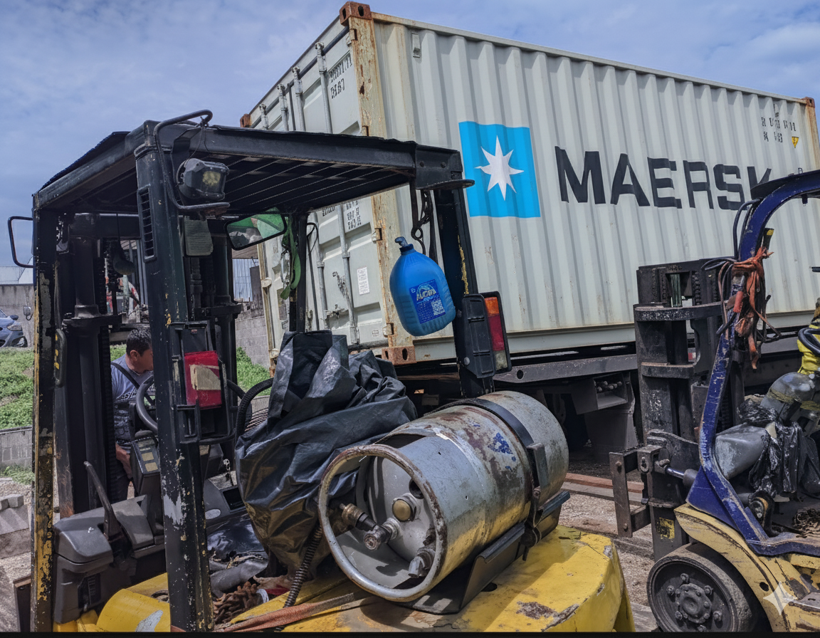 Montacargas operando dentro de un contenedor